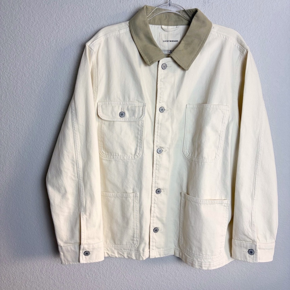 Lucky Brand Women XL Cream Denim Chore Utility Jacket Olive Collar NWT